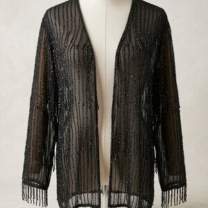 Vintage Black Sheer Beaded Kimono Jacket Fringe Hem XL